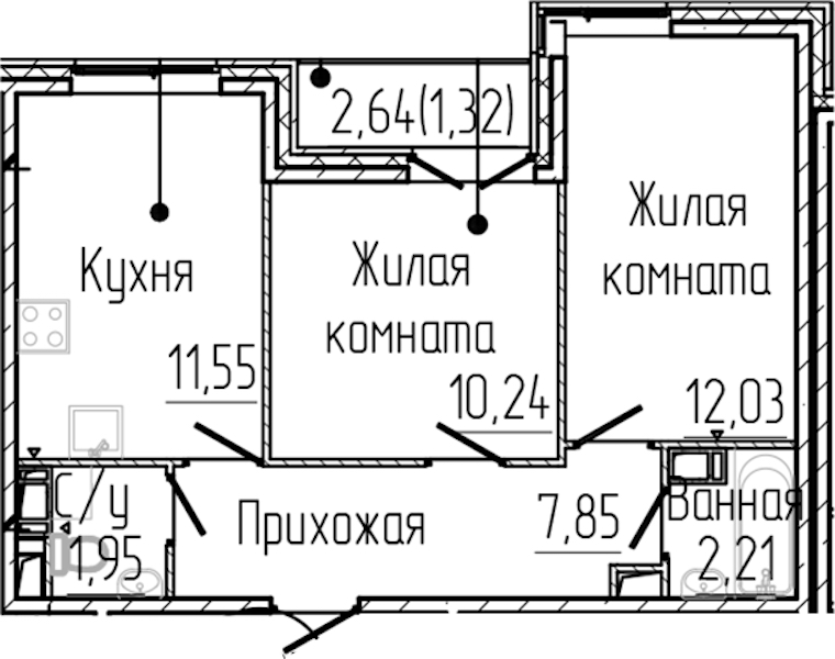 2-комнатная квартира 47.14 м², 7/8 эт., ЖК «SERTOLOVO PARK»